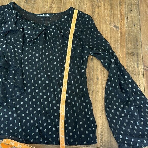 black blouse, long sleeve, metallic, polka dots, bow, feminine, silk, holiday - Picture 5 of 5
